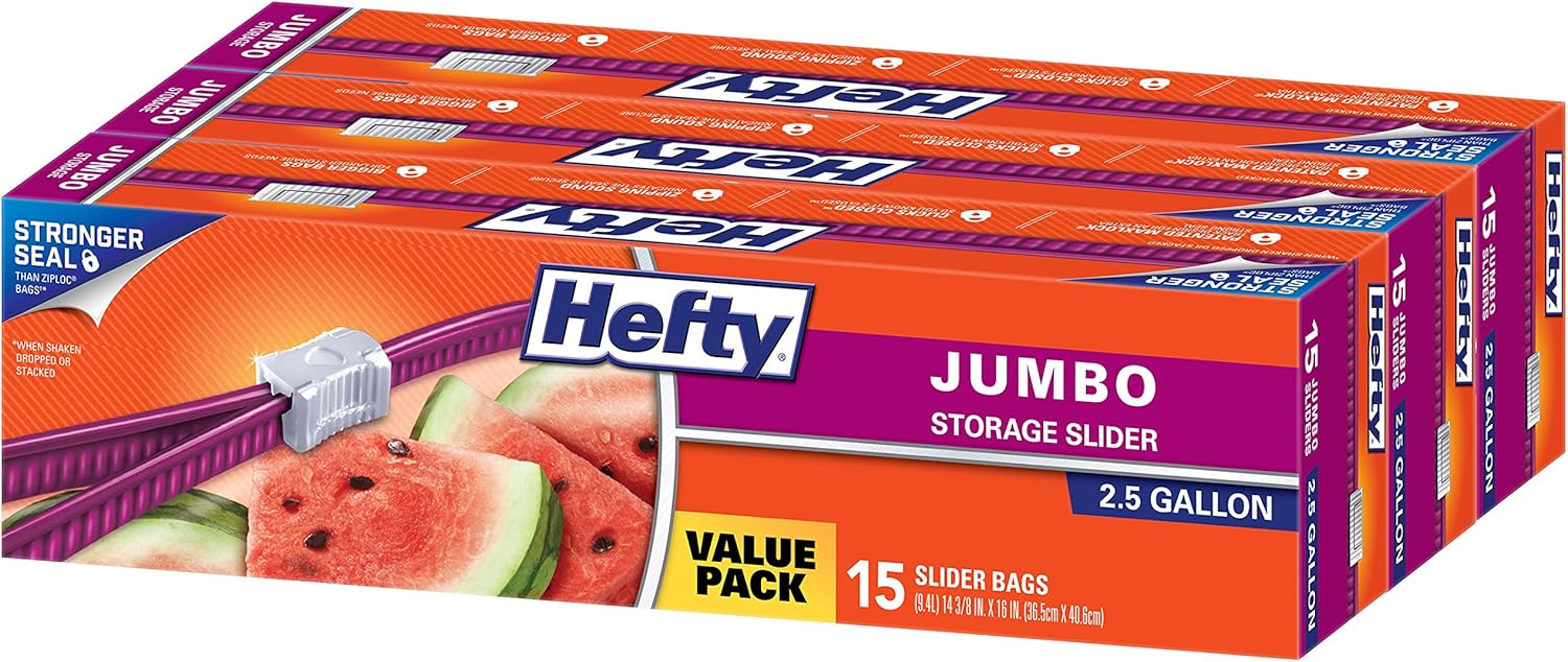 کیسههای ذخیرهسازی جامبو Hefty Slider، اندازه 2.5 گالن، تعداد 15 (بسته 3 عددی)، 45 مجموع