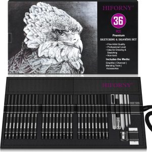 مجموعه مداد طراحی HIFORNY 36 PCS، لوازم هنری مداد طراحی با گرافیت، زغال چوب، ابزار ترکیبی، لوازم جانبی، کیت طراحی برای هنرمندان بزرگسال در قاب رول آپ بوم