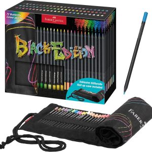 FABER-CASTELL 116418 – ست مداد رنگی با رول مداد، 72 مداد رنگی Black Edition شامل رنگ های متالیک و نئون