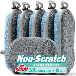 آقای اسفنج ظرفشویی SCRUB برای شستن ظروف تمیز کردن آشپزخانه، همه منظوره، 6 بسته، بدون خط و خش، کناره های خشن برای ظروف نچسب، سمت میکروفیبر نرم برای ظروف،