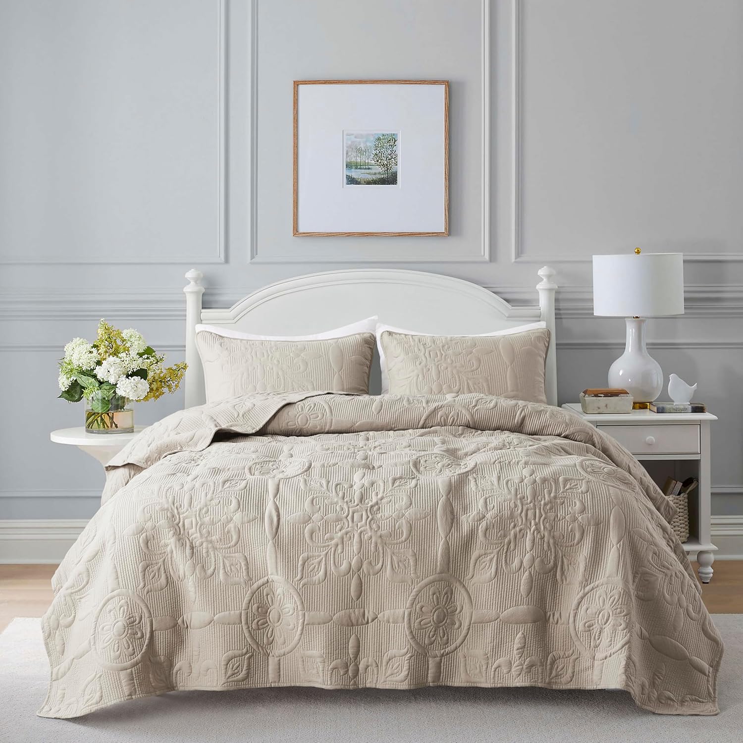 سرویس خواب Damask Quilt California Cal King سایز با شمس بالش، روتختی نرم بسیار سبک وزن Boho، روتختی نازک لحافی بژ، 3 تکه، 118x106 اینچ