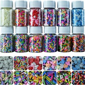 LIKETURE Fake Sprinkles 12 Jars 180g Polymer Clay Sprinkles Fake Candy Sprinkles Faux Sprinkles for Resin Slime Craft پلاستیکی اسپرینکل Nail Art قاب گوشی پرکننده کارت شیکر DIY (12 رنگ مخلوط-180G)