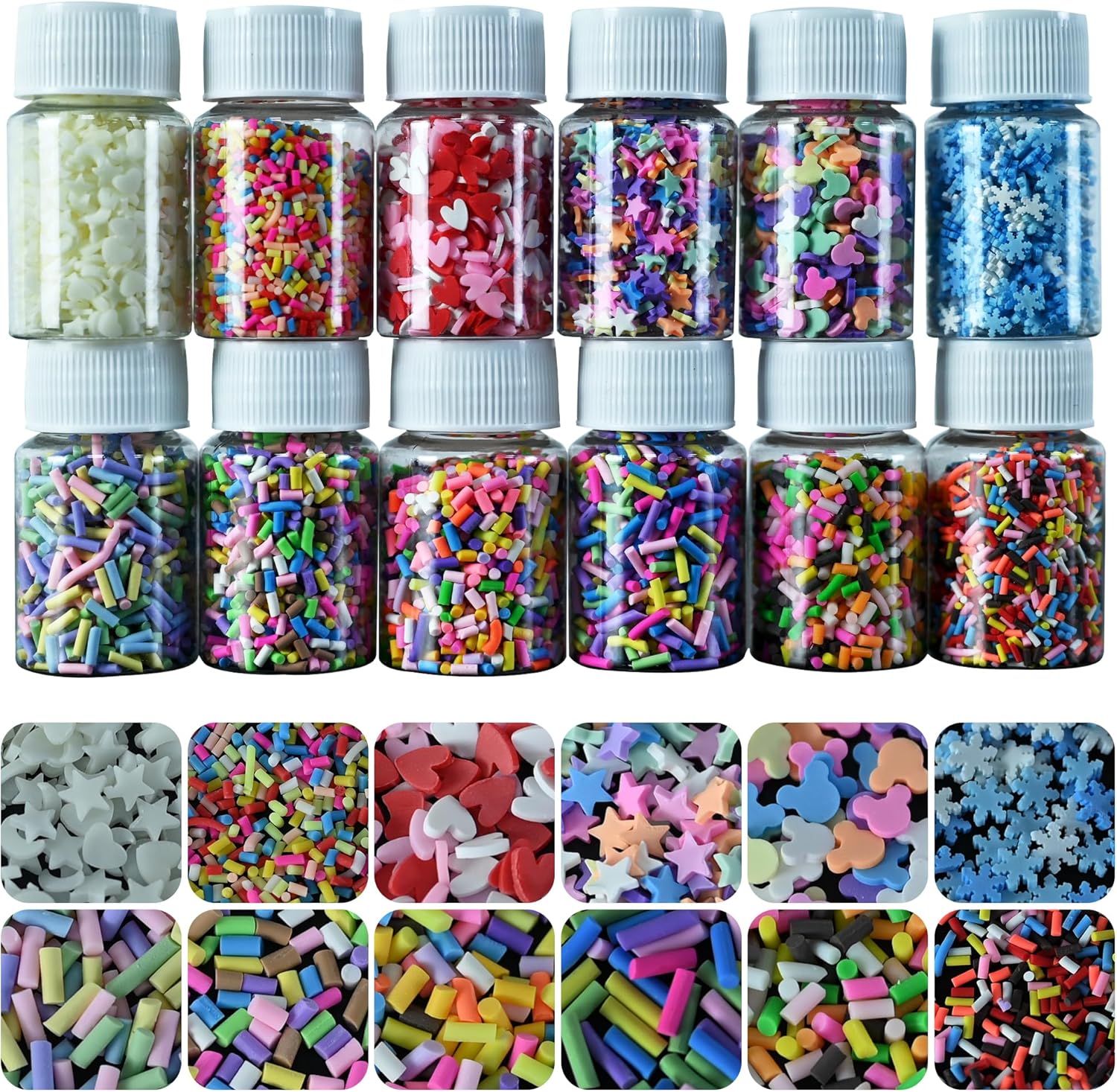 LIKETURE Fake Sprinkles 12 Jars 180g Polymer Clay Sprinkles Fake Candy Sprinkles Faux Sprinkles for Resin Slime Craft پلاستیکی اسپرینکل Nail Art قاب گوشی پرکننده کارت شیکر DIY (12 رنگ مخلوط-180G)