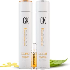 شامپو و نرم کننده طبیعی متعادل کننده ترکیبی GK HAIR 300 میلی لیتری با سرم 100% مینی روغن ارگانیک 10 میلی لیتری برای انواع موهای خشک و آسیب دیده چرب و چرب هیدراته