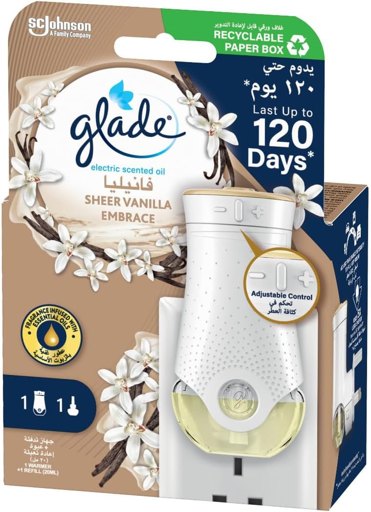 خوشبو کننده هوا برقی Glade، Sheer Vanilla Embrace، پخش کننده روغن معطر، خوشبوکننده برقی هوا، عطر مداوم خانگی، عطر تا 120 روز، 20 میلی لیتر
