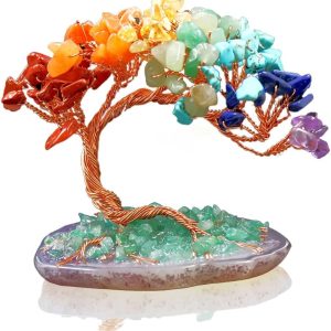 SYOSI Mini Natural Reiki Healing 7 Chakra Good Luck Money Tree – درخت کریستالی با پایه عقیق، دکور معنوی مدیتیشن برای خوش شانسی، ثروت و رفاه ریکی زندگی پول درخت عشق (7 چاکرای)