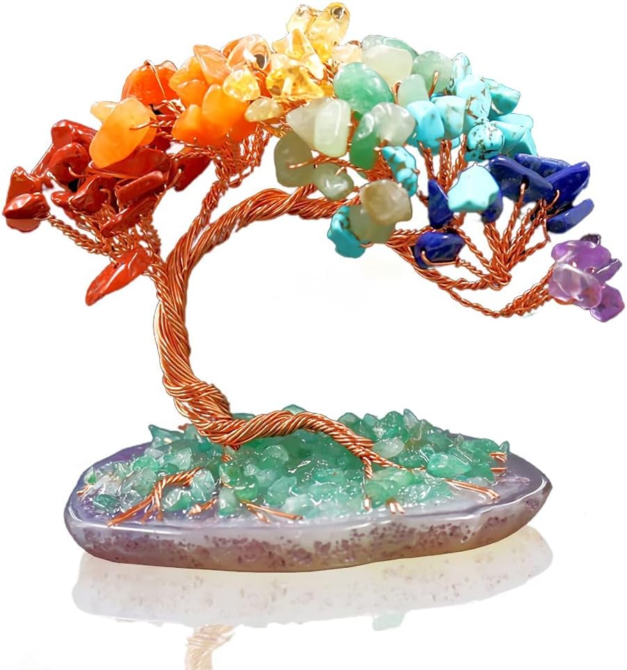 SYOSI Mini Natural Reiki Healing 7 Chakra Good Luck Money Tree - درخت کریستالی با پایه عقیق، دکور معنوی مدیتیشن برای خوش شانسی، ثروت و رفاه ریکی زندگی پول درخت عشق (7 چاکرای)