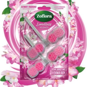 بلوک لبه توالت با رایحه شیرین Freesia & Jasmine Limitless Zoflora با روغن‌های ضروری، فوم اکتیو پاور، جلوگیری از رسوب آهک و تاثیر عطر نهایی، 2 x 48 گرم
