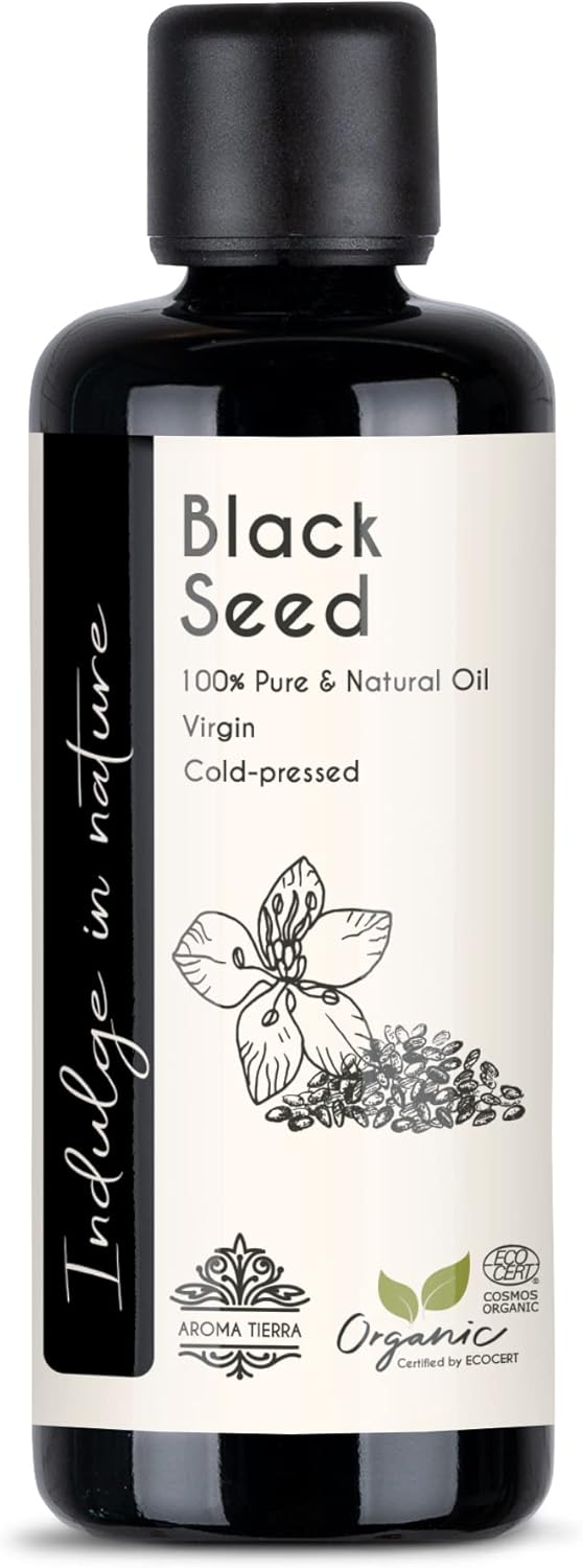 روغن سیاه دانه ارگانیک Aroma Tierra (Nigella sativa) 100 میلی لیتر - 100٪ خالص، فشرده سرد، درجه غذایی، تصفیه نشده و طبیعی - برای مو و پوست سر، پوست و صورت، ماساژ و سلامتی