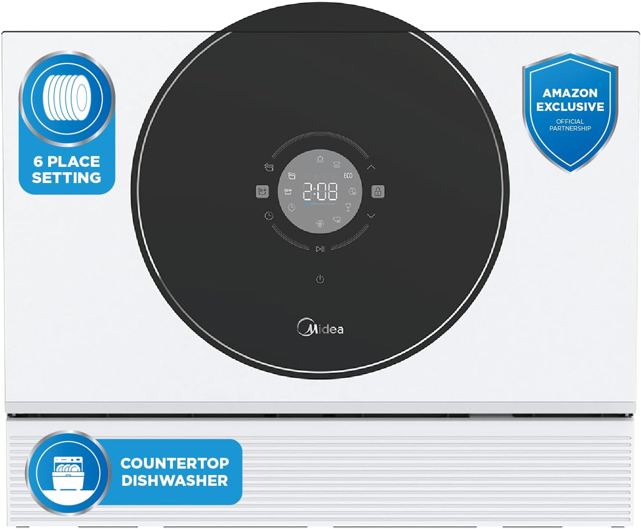 ماشین ظرفشویی رومیزی Midea 6 Place Setting، صفحه نمایش لمسی فوق العاده واقعی، حالت بارگذاری سریع، خشک شدن خودکار باز، روکش آینه، ضد خش و لکه- WQP6-3609W-G (سفید)