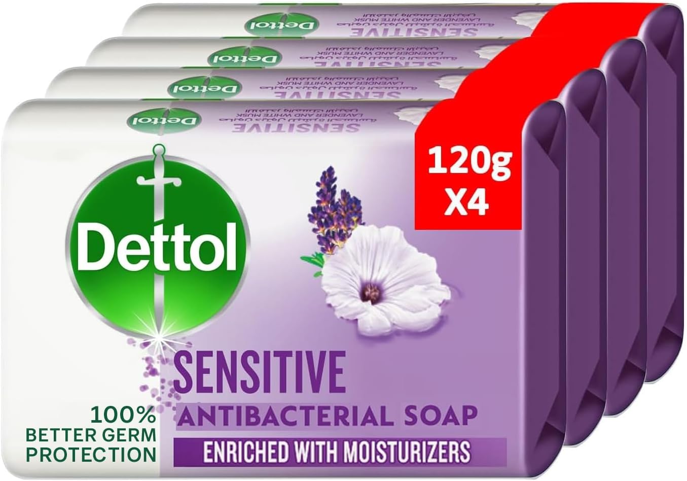 صابون حمام حساس Dettol، رایحه اسطوخودوس و مشک سفید، 120 گرم در 4