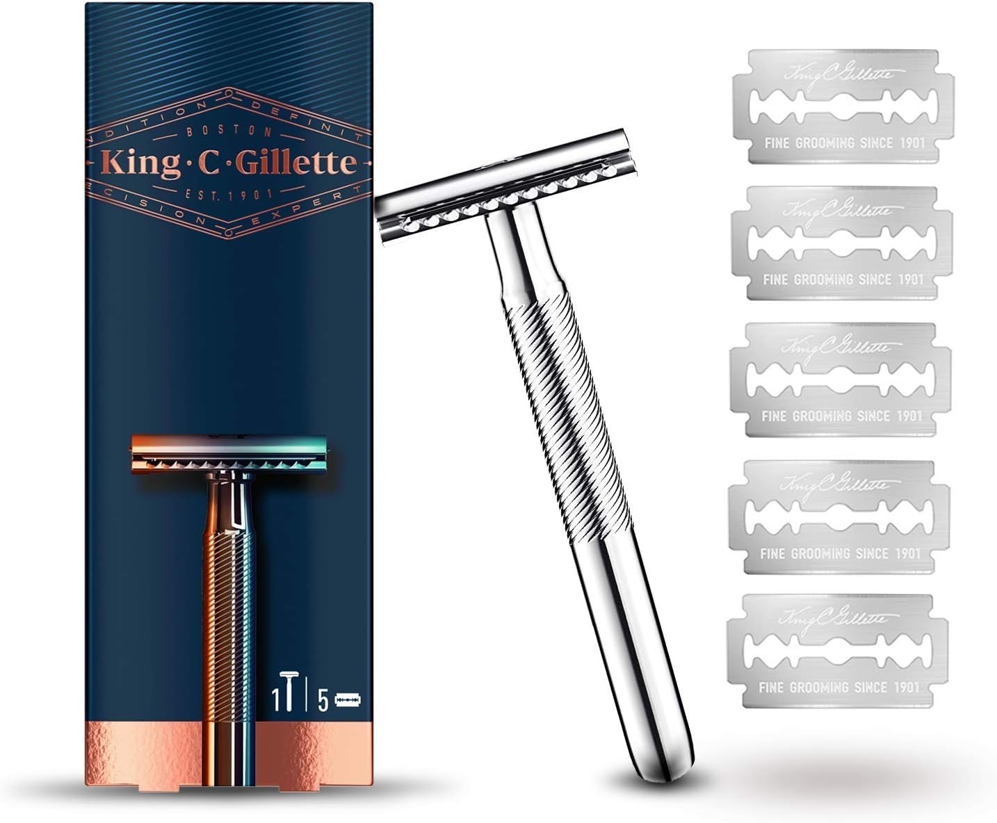 تیغ ایمنی مردانه King C. Gillette + 5 تیغ تیغ، تیغ ایمنی با تیغه های بادوام، مردانه هدیه