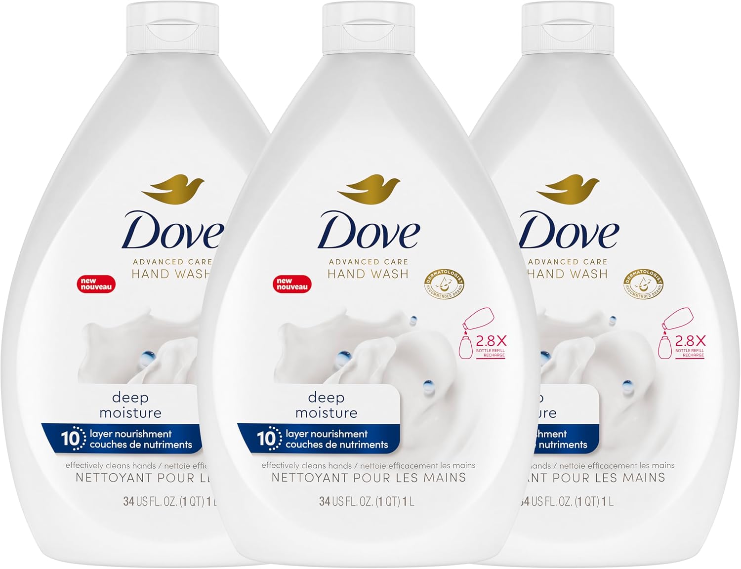 Dove Advanced Care Hand Wash Deep Moisture Pack 3 تایی برای پوست نرم و صاف، مرطوب کننده های بیشتری نسبت به صابون دست معمولی پیشرو، 34 اونس