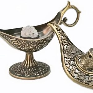 ست عود سوز چراغ برنز علاءالدین با طرح تزئینی عربی با 42 عدد قرص چوب صندل به طول 9 سانتی متر، نگهدارنده فلزی حک شده عتیقه برای رایحه درمانی خانگی، مدیتیشن، مراسم چای