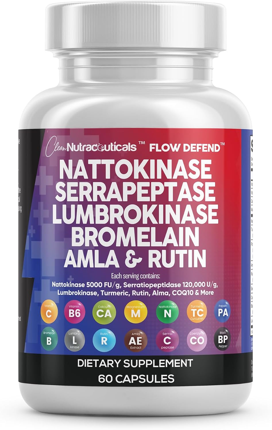مکمل آنزیم Clean Nutraceuticals Nattokinase 5000 FU Serrapeptase 120000 SPU Lumbrokinase با آنزیم بروملین پاپایا پاپایا عصاره روتین آملا منیزیم ویتامین B6 و کپسول VIT C