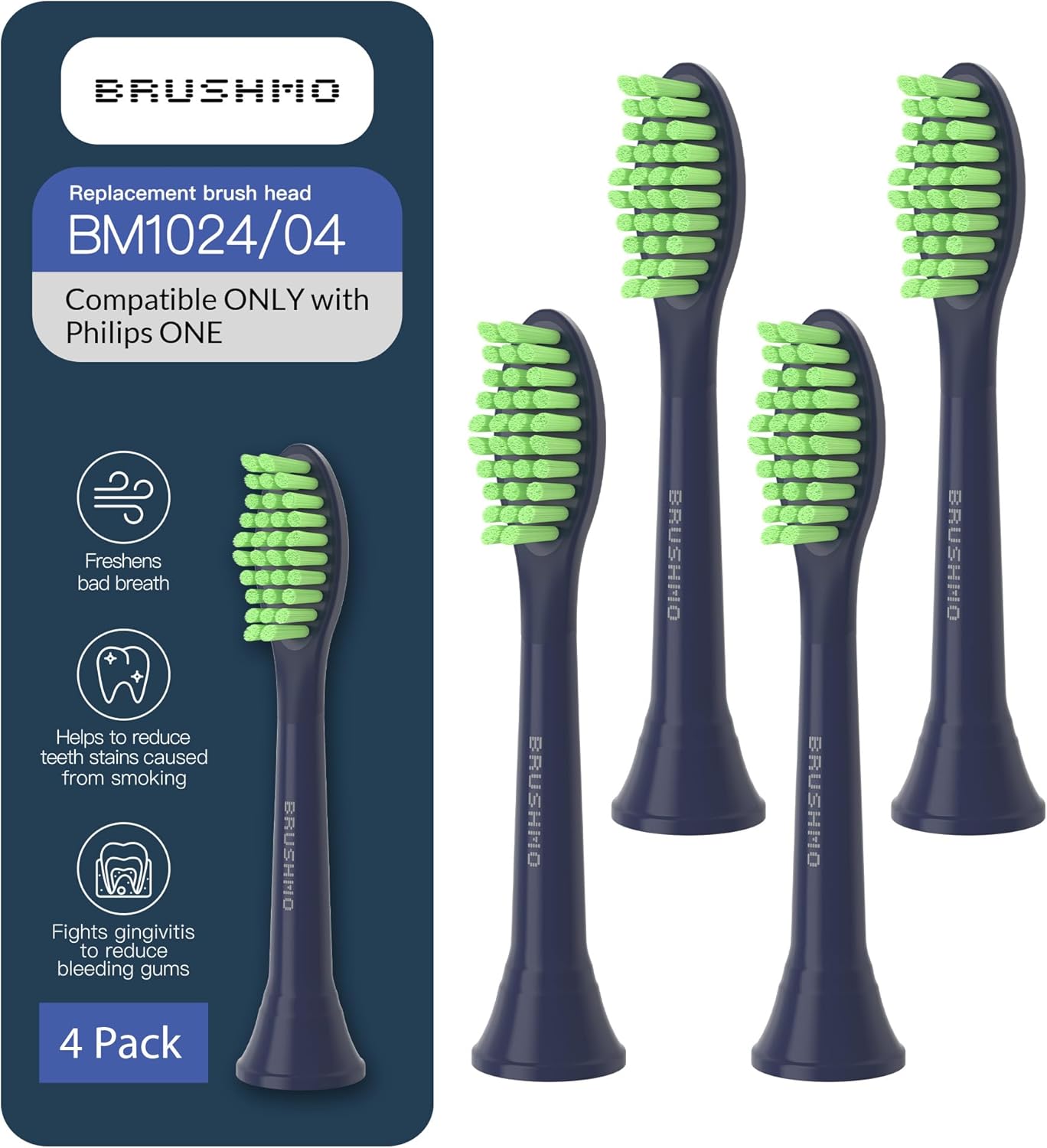 سر مسواک جایگزین Brushmo سازگار با یک مسواک Philips Sonicare، برای HY1100 Midnight Navy Blue HY1022/04 بسته 4 سر مسواک (Midnight Navy Blue)