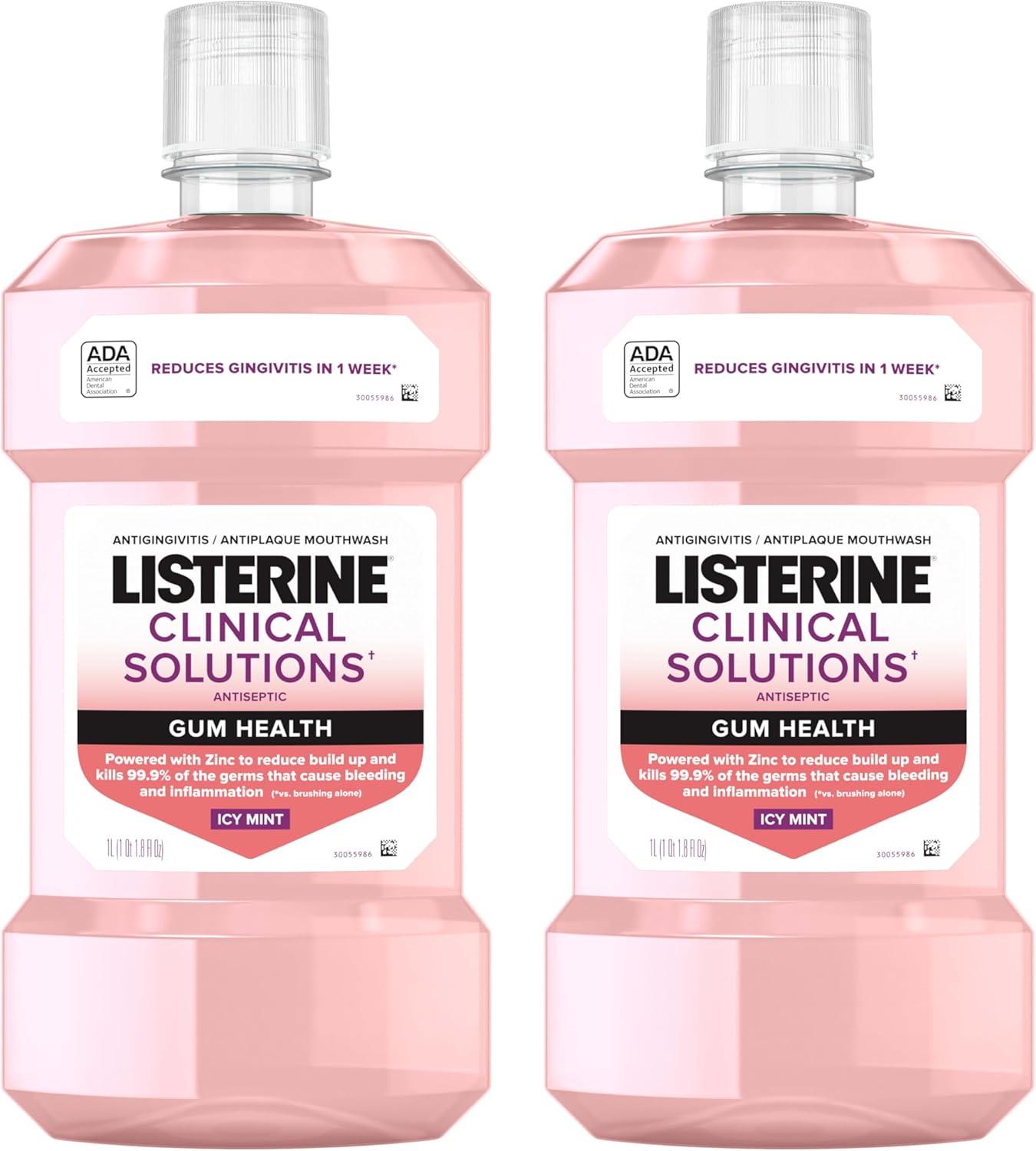 دهان شویه ضدعفونی کننده سلامت لثه، محلول های بالینی Listerine، دهان شویه ضد لثه و ضد پلاک دهان، به جلوگیری از تجمع و از بین بردن میکروب ها برای لثه های سالم تر کمک می کند، نعناع ICY، بسته دوقلو، 1 لیتر، بسته 2