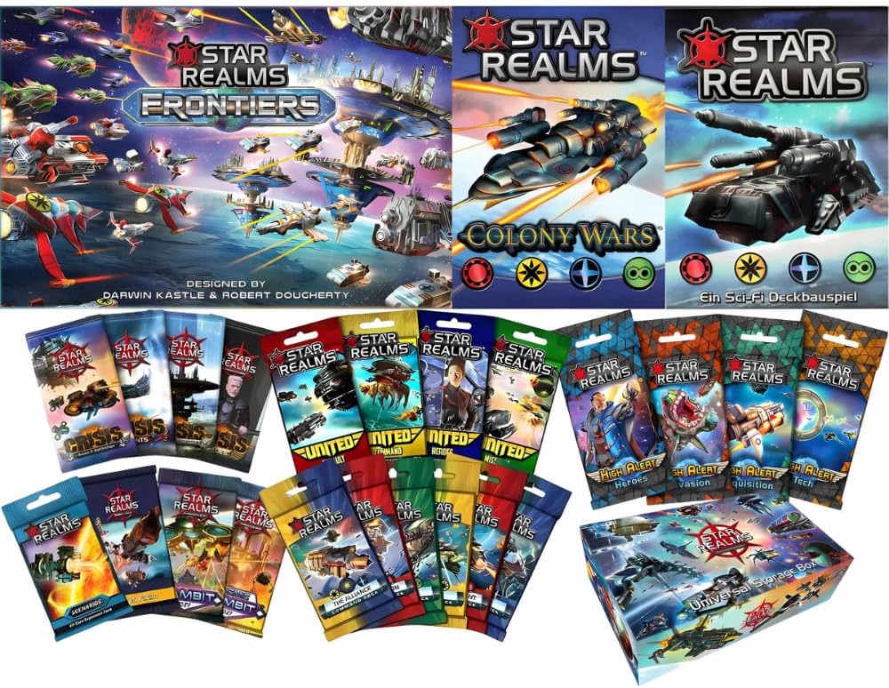Star Realms Complete Bundle: Core Game، Colony Wars، Frontiers، United، Command Decks، High Alert، Crisis، Gambit، Cosmic Gambit، Scenarios، Promo Pack 1 و Universal Storage Box