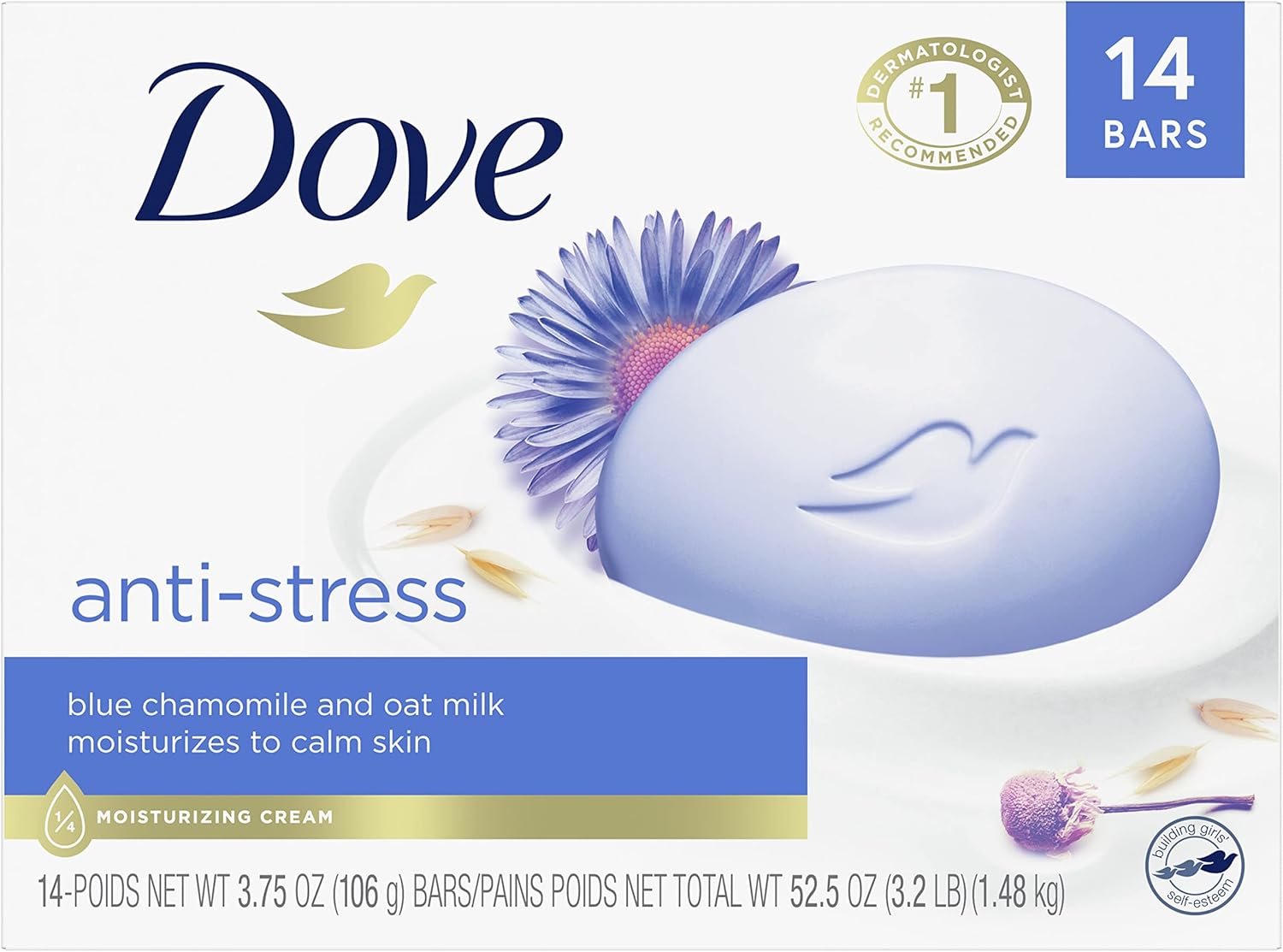 پاک کننده ملایم Dove Beauty Bar کرم ضد استرس پوستی آرام را مرطوب می کند پاک کننده صابون نوار ملایم ساخته شده با 1/4 کرم مرطوب کننده 3.75 اونس 14 تعداد