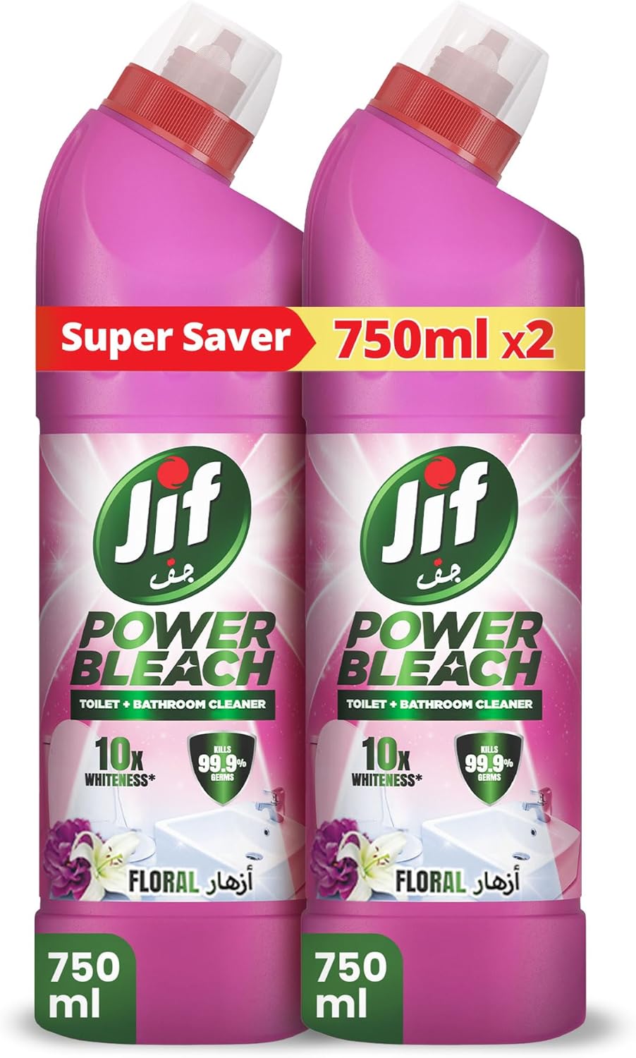 پاک کننده حمام JIF Power Bleach، گلدار، 99.9 درصد میکروب ها را از بین می برد، 750 میلی لیتر در 2