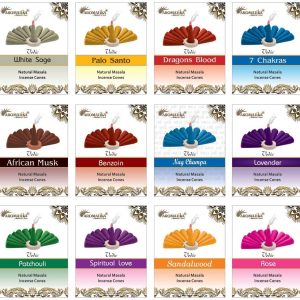 ARO VATIKA Vedic Natural Masala Incense Cones 12 عطر مختلف در مجموع 120 عدد (چوب صندل، رز، 7 چاکرا، مریم گلی سفید، پالو سانتو، پاتچولی، مشک آفریقایی، خون اژدها، اسطوخودوس، بنزوئین)
