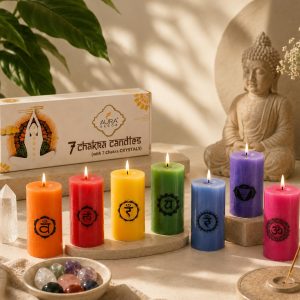 شمع ستون چاکرا 7 AuraDecor با 7 سنگ جواهر چاکرا، ریکی و جادوی معنوی و شمع تاروت