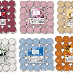 شمع های چای 150 چراغ چای Aladino Price’s Scented Tealights- 25 x 6 Scents Mixed Pack – گل های پنبه ای، توت های مخلوط، مرکبات، رز، اسطوخودوس و دارچین