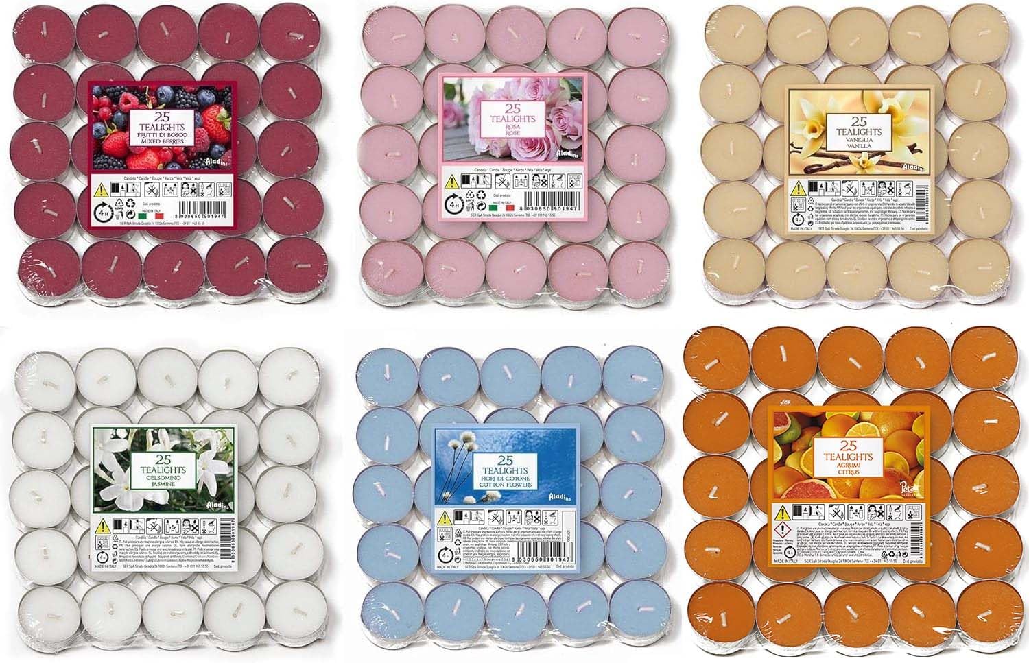 شمع های چای 150 چراغ چای Aladino Price's Scented Tealights- 25 x 6 Scents Mixed Pack - گل های پنبه ای، توت های مخلوط، مرکبات، رز، اسطوخودوس و دارچین