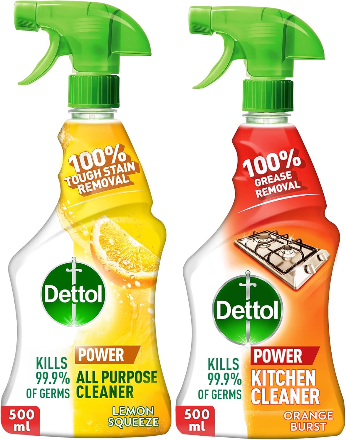 بطری اسپری پاک کننده همه منظوره Dettol، بوی لیمو + بطری اسپری پاک کننده آشپزخانه Dettol، رایحه پرتقال، 500 میلی لیتر x 2
