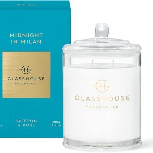 عطرهای گلخانه ای Midnight in Milan Candle، ترکیب موم سویا با رایحه سه گانه، 2 فیتیله و شیشه شیشه ای، زمان سوختن 65 ساعت، زعفران و گل رز، 13.4 اونس (380 گرم)