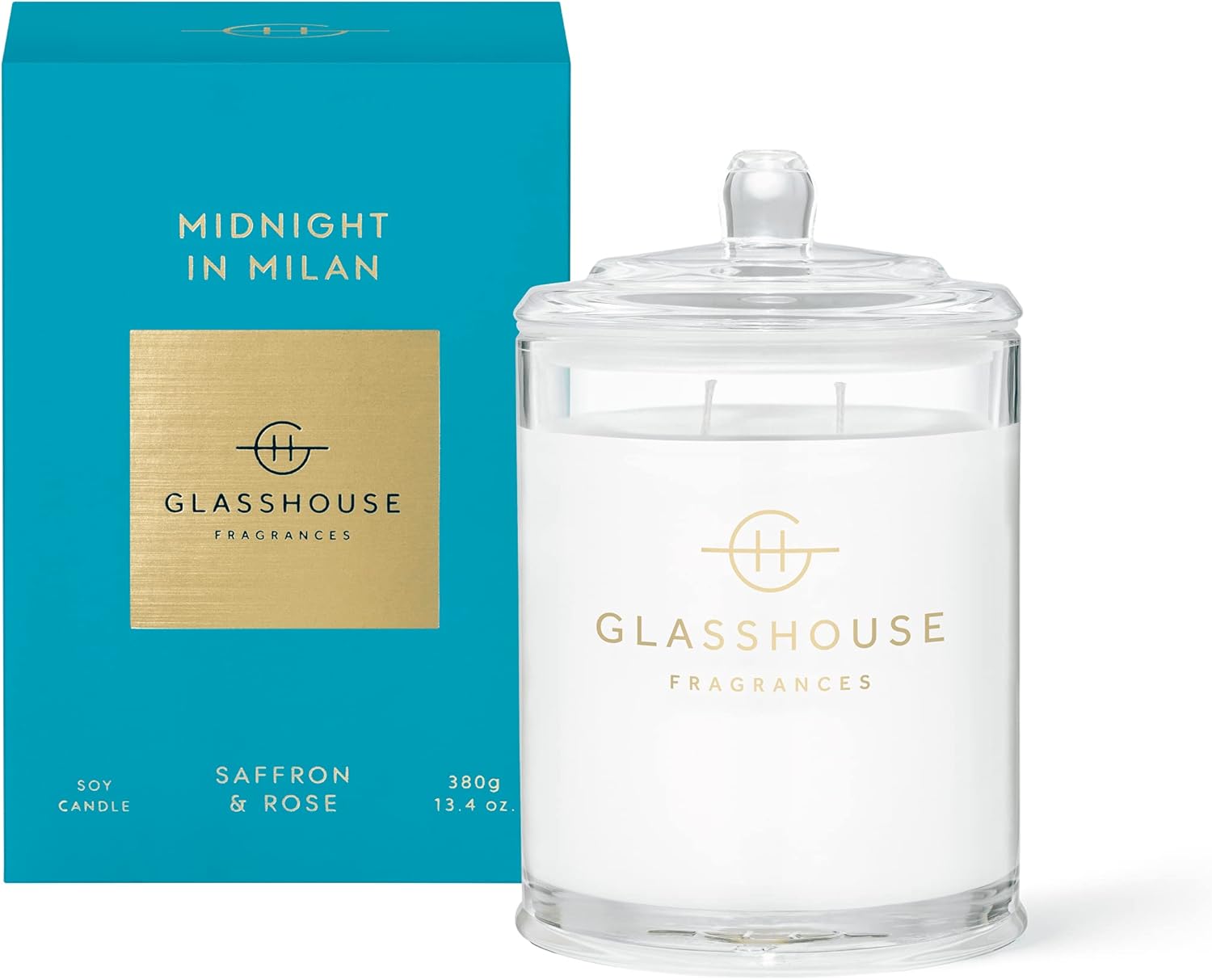 عطرهای گلخانه ای Midnight in Milan Candle، ترکیب موم سویا با رایحه سه گانه، 2 فیتیله و شیشه شیشه ای، زمان سوختن 65 ساعت، زعفران و گل رز، 13.4 اونس (380 گرم)