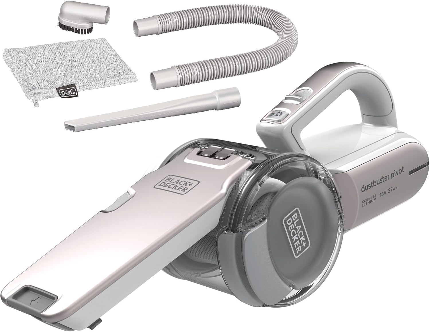جارو برقی دستی 18 ولتی Black & Decker با باتری لیتیوم یونی 1.5Ah، قدرت مکش 27.5 AW، ظرفیت کاسه 440 میلی لیتری و فیلتر سه گانه با چرخش 200 درجه PV1820LRGP-GB 2 سال گارانتی