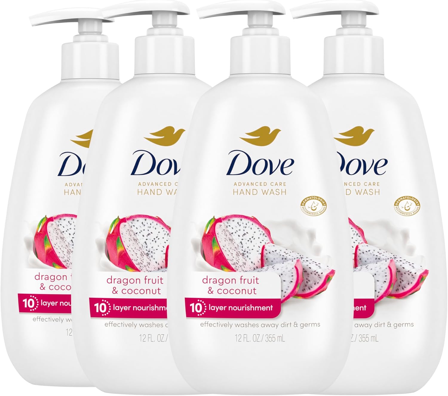 Dove Advanced Care Hand Wash 4 Count برای شستشوی موثر کثیفی و میکروب، اژدها و نارگیل با تغذیه 10 لایه