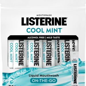 بسته های دهانشویه بدون الکل نعناع خنک Listerine در حین حرکت، شستشوی دهان در بسته های جداگانه میکروب های بوی بد دهان را از بین می برد، طعم کمتر، طعم نعناع خنک، اندازه کوچک سفر، 0.33 فل اونس، بسته 30