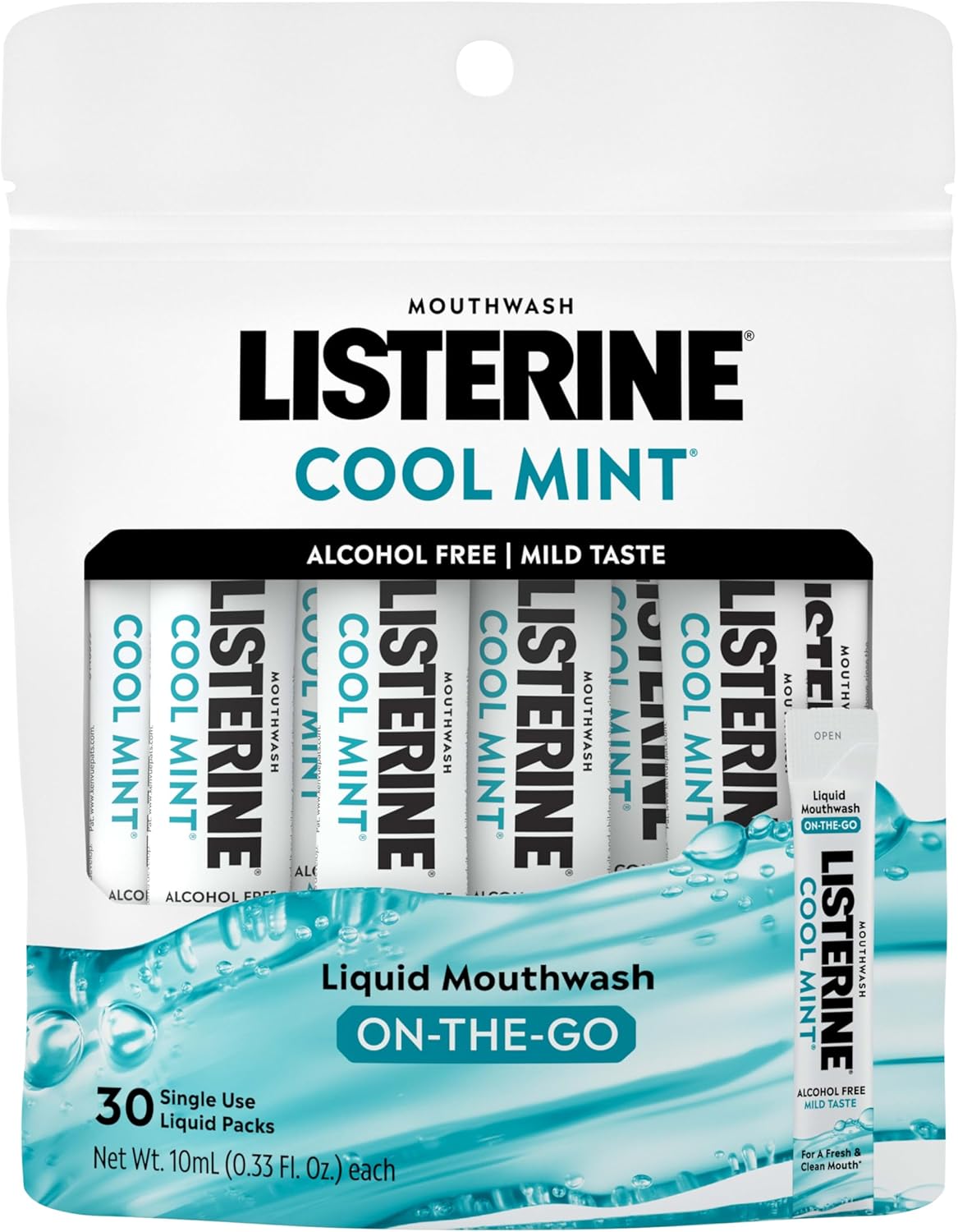 بسته های دهانشویه بدون الکل نعناع خنک Listerine در حین حرکت، شستشوی دهان در بسته های جداگانه میکروب های بوی بد دهان را از بین می برد، طعم کمتر، طعم نعناع خنک، اندازه کوچک سفر، 0.33 فل اونس، بسته 30