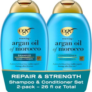 شامپو و نرم کننده OGX Renewing + روغن آرگان مراکش (2×385 میلی لیتر)، سورفکتانت های بدون سولفات برای پاکسازی ملایم و آبرسانی عمیق، مجموعه مراقبت از مو با روغن مراکشی برای موهای آسیب دیده و خشک