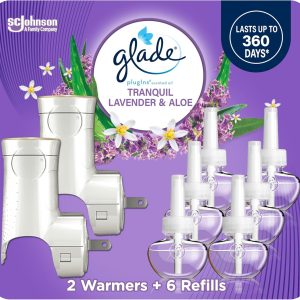 کیت شروع خوشبو کننده هوا، اسانس‌های معطر و ضروری برای خانه و حمام، اسطوخودوس آرام و آلوئه، 4.02 فلور اوز، 2 گرم کننده + 6 شارژ مجدد Glade PlugIns