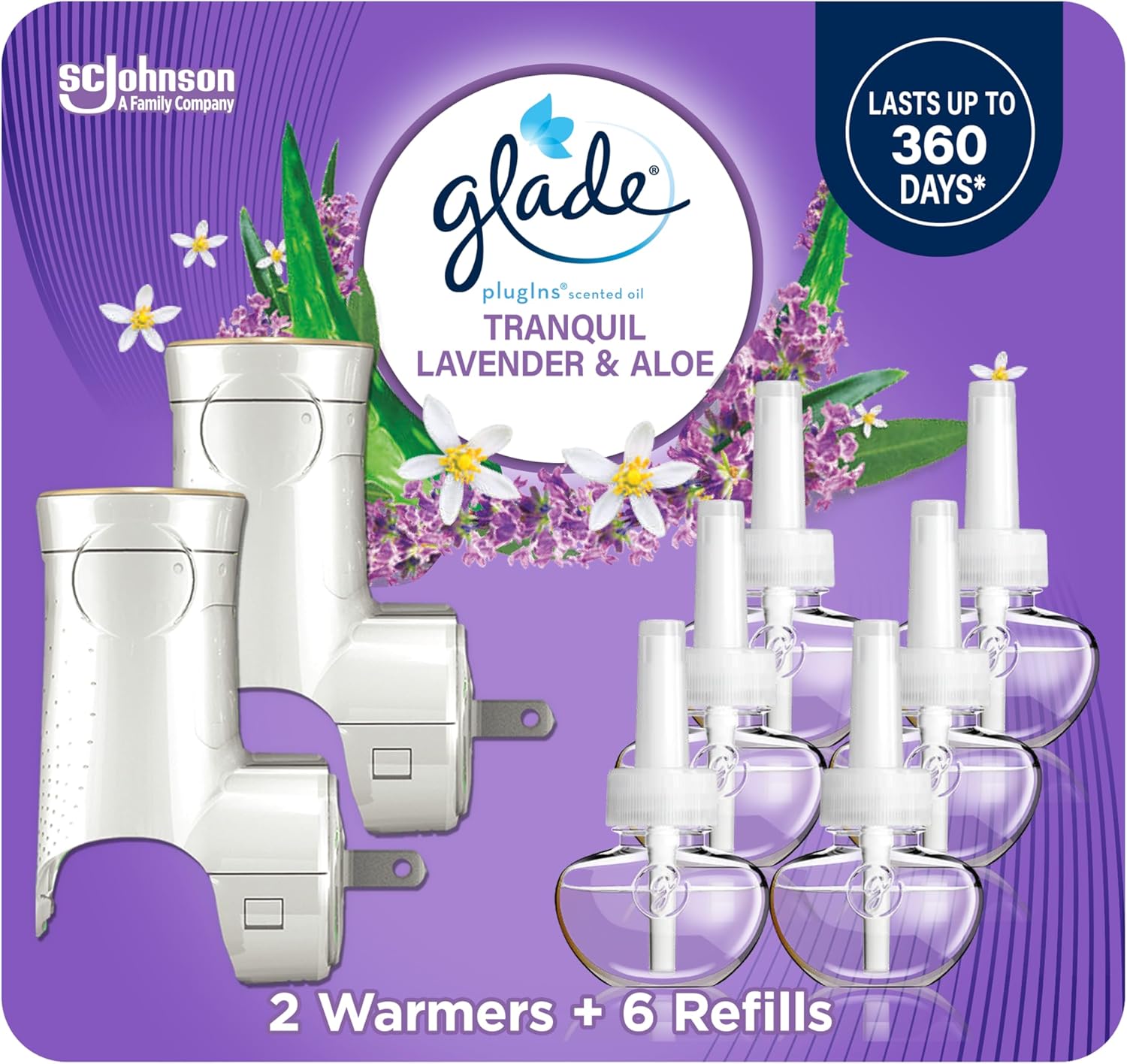 کیت شروع خوشبو کننده هوا، اسانس‌های معطر و ضروری برای خانه و حمام، اسطوخودوس آرام و آلوئه، 4.02 فلور اوز، 2 گرم کننده + 6 شارژ مجدد Glade PlugIns