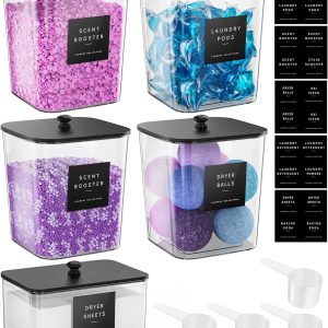 ظرف غلاف لباسشویی Moforoco 5 Pack، ظروف سازماندهی اتاق لباسشویی شفاف، محل نگهداری پودر شوینده بزرگ، درب و برچسب چوبی مشکی، نگهدارنده غلاف اکریلیک