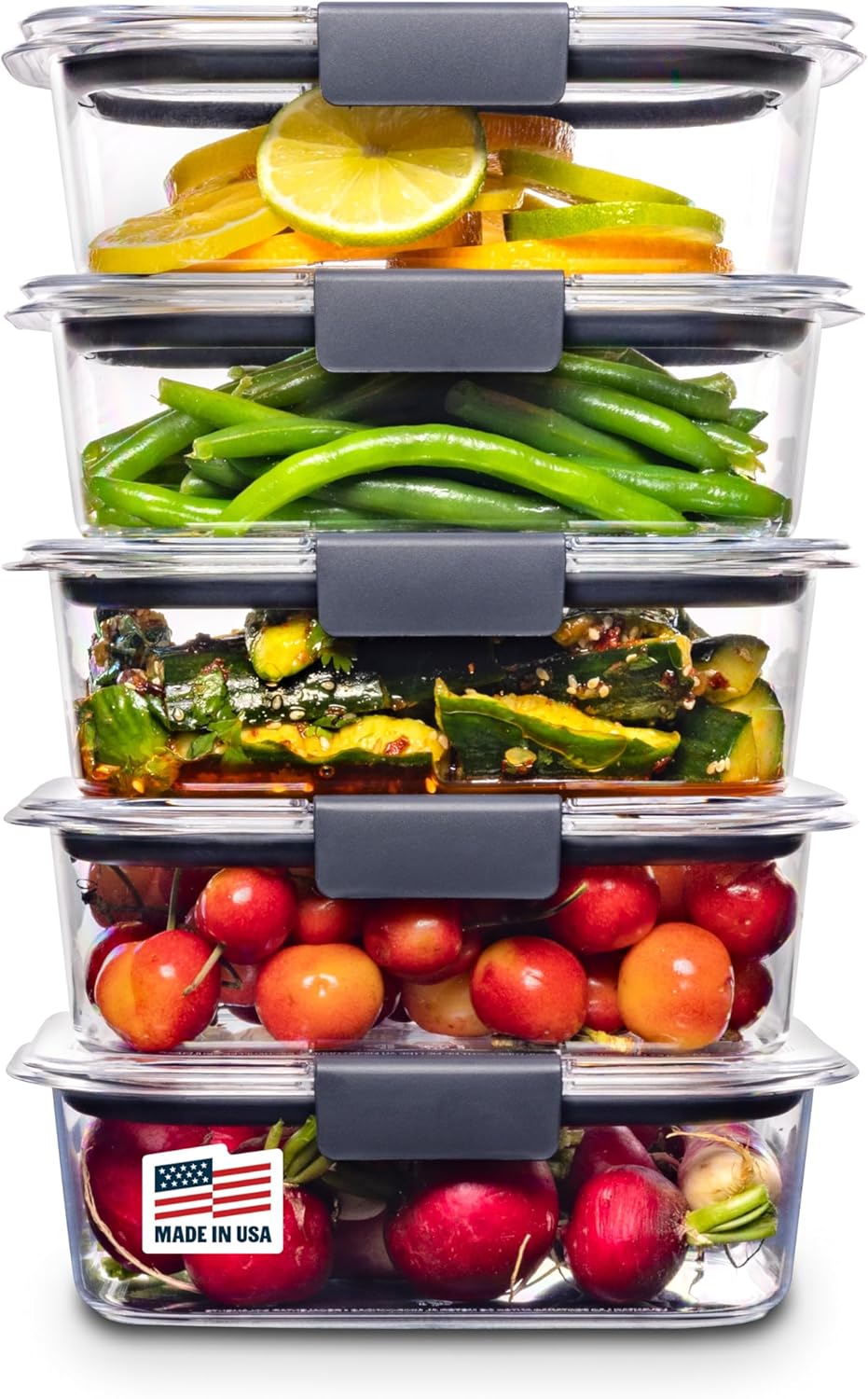 ظروف نگهداری مواد غذایی بدون BPA Rubbermaid Brilliance با درب، محفوظ از هوا، برای ناهار، آماده سازی غذا و غذاهای باقیمانده، مجموعه 5 عددی (3.2 فنجان)