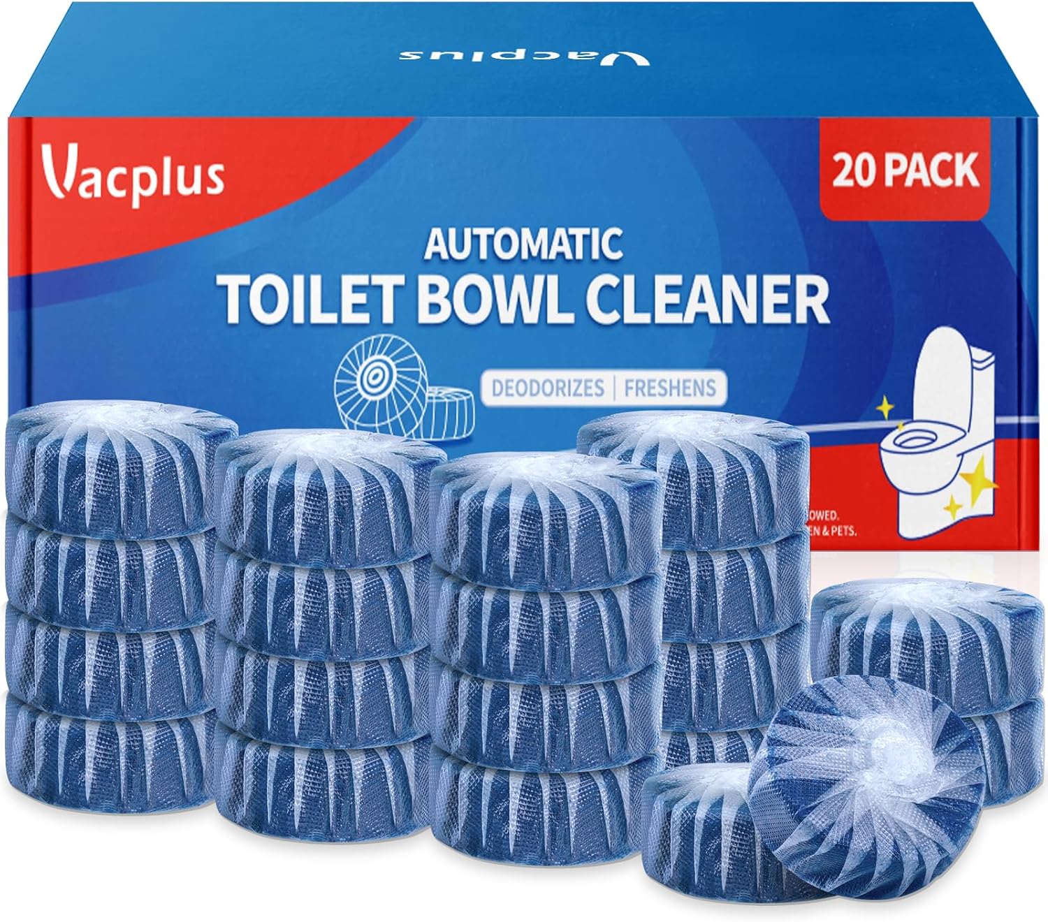 پاک کننده های کاسه توالت Vacplus، پاک کننده های توالت فوق العاده تمیز برای بو زدایی و رسوب زدایی، قرص پاک کننده کاسه توالت آبی با ماندگاری طولانی با فناوری رهاسازی پایدار در برابر لکه های سخت (بسته 20)