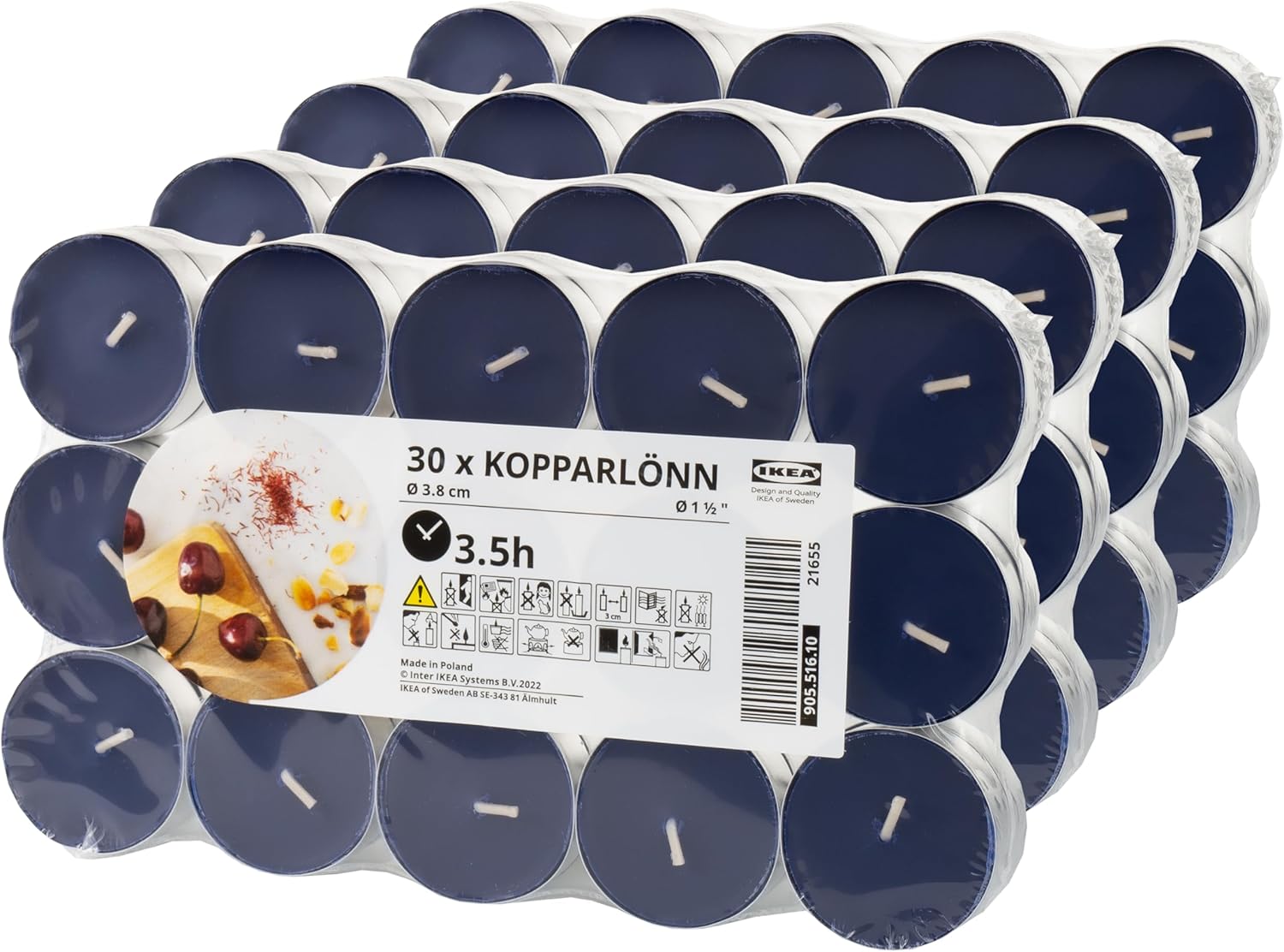 شمع معطر Ikea KOPPARLONN، مافین گیلاسی-بادامی با زعفران، آبی تیره، زمان سوختن 3.5 ساعت - مجموعه 120 عددی