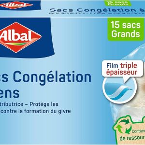 Albal – 15 کیسه فریزر با کراوات – مدل بزرگ 6L – سه لایه – جعبه توزیع کننده – 70% منابع بازیافتی