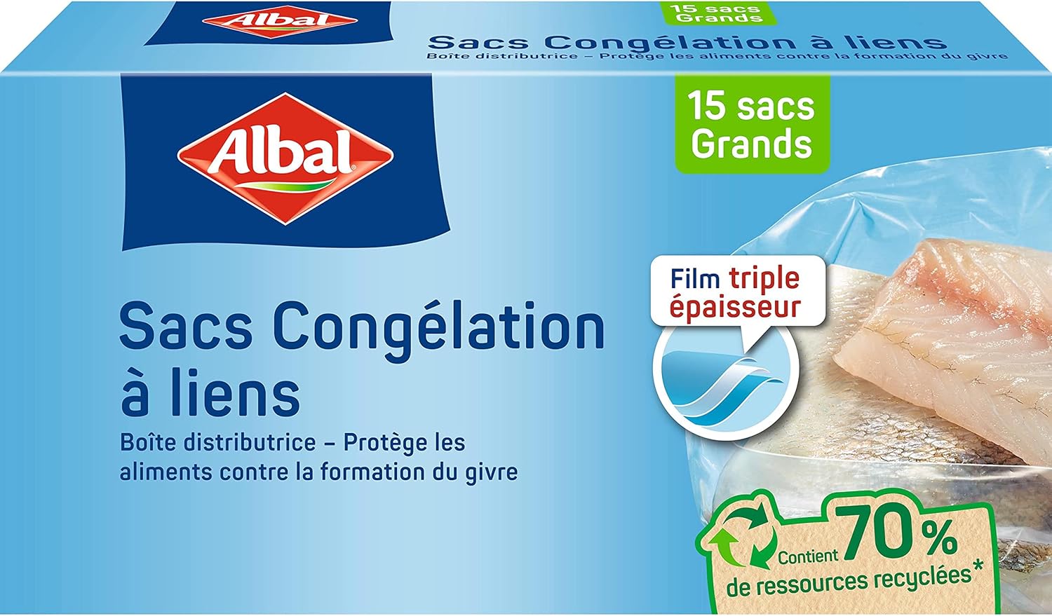 Albal - 15 کیسه فریزر با کراوات - مدل بزرگ 6L - سه لایه - جعبه توزیع کننده - 70% منابع بازیافتی