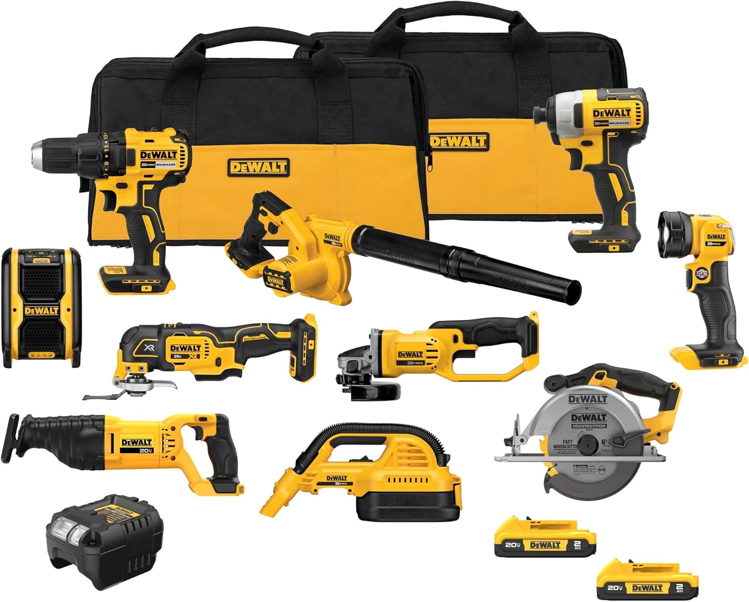کیت ترکیبی ابزار برقی 20 ولت MAX DEWALT، مجموعه ابزار برقی بی سیم 10 ابزار، 2 باتری، شارژر و 2 کیسه، کیت ترکیبی بدون برس دیوالت (DCK1021D2)