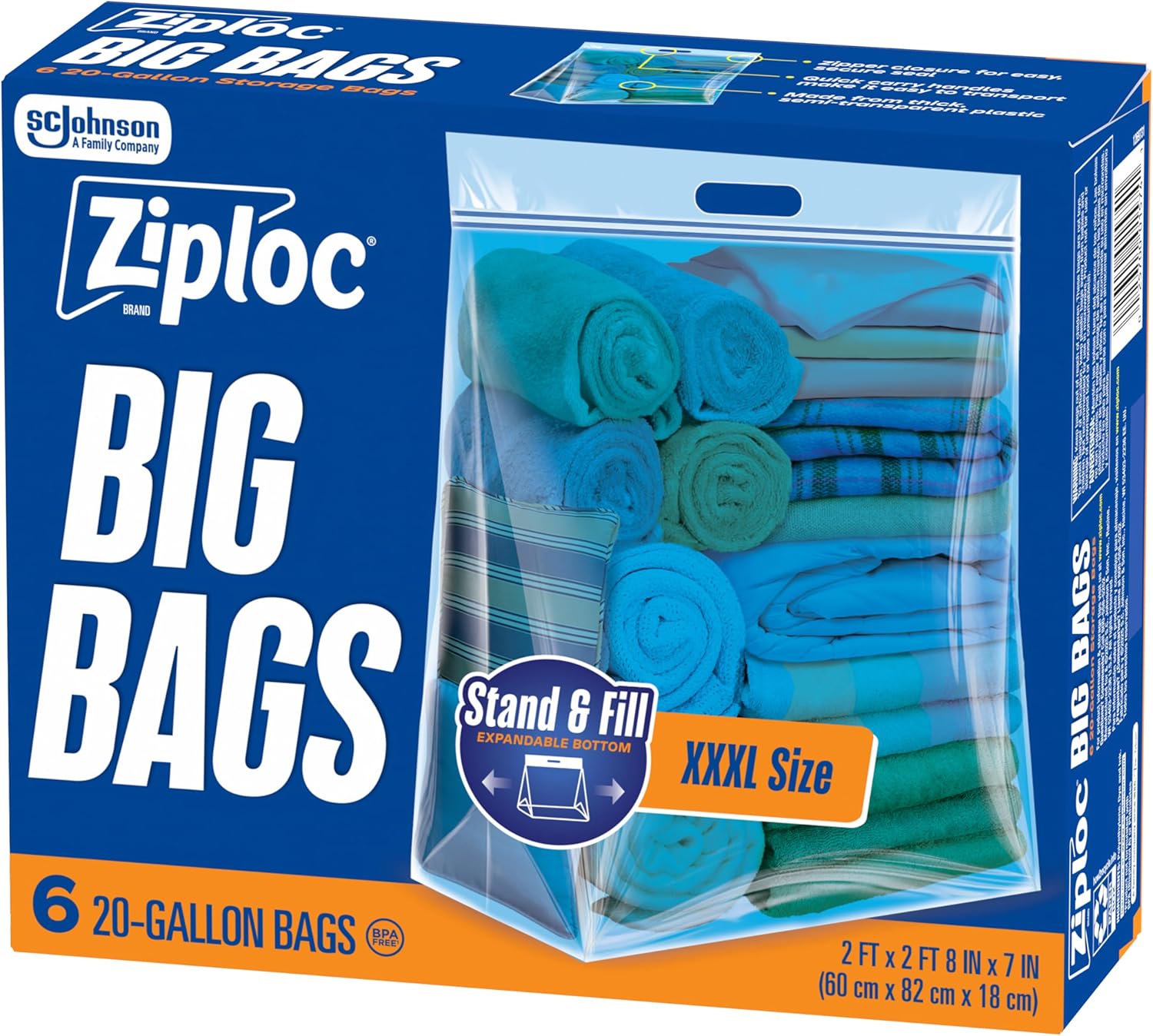 کیسه های بزرگ با نام تجاری Ziploc® 20 گالن XXXL، کیسه های پلاستیکی با ظرفیت بزرگ قابل استفاده مجدد، 6 عدد