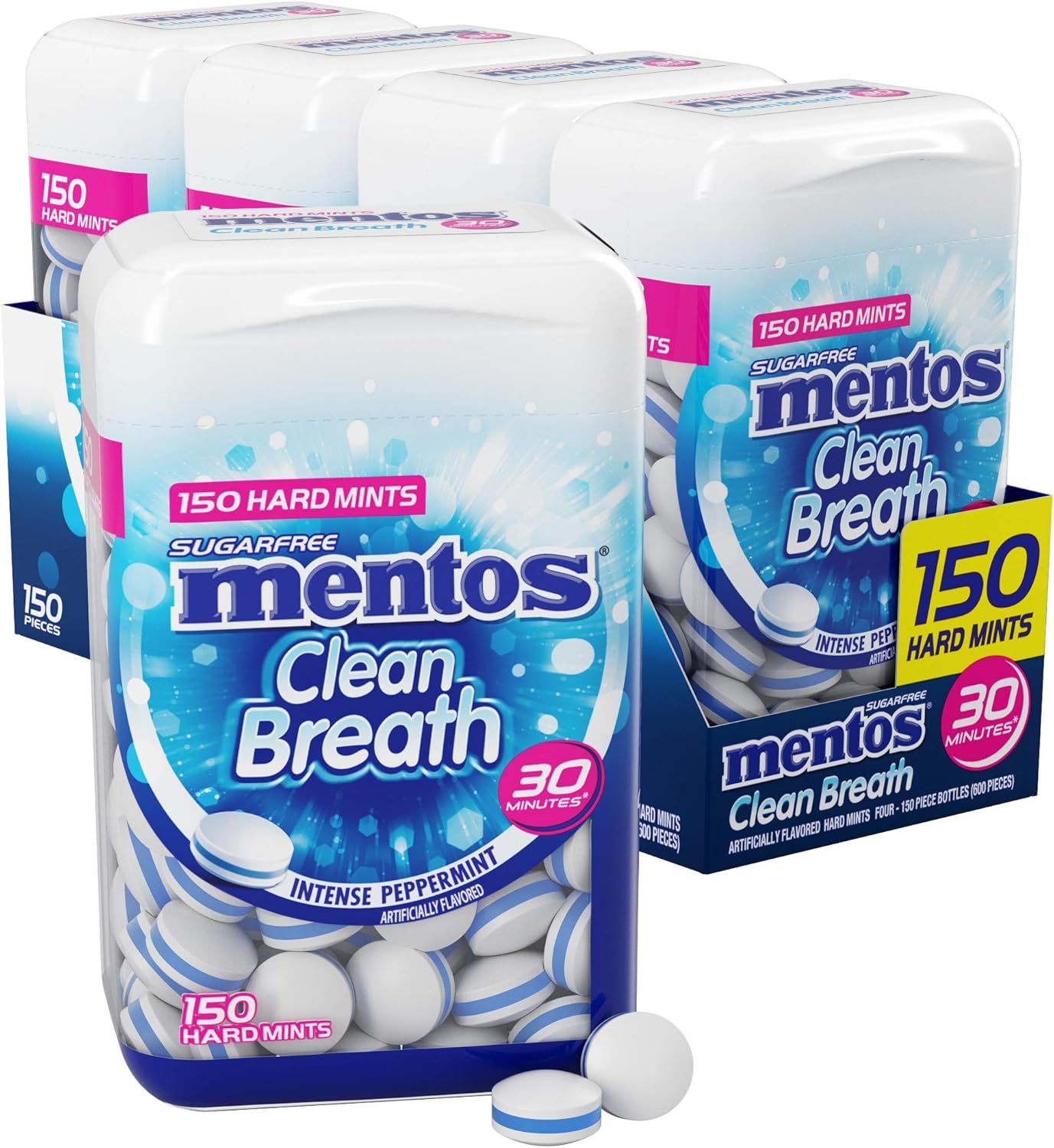 نعناع سخت بدون شکر Mentos Clean Breath، 150 عدد، نعناع شدید (بسته 4 بطری)