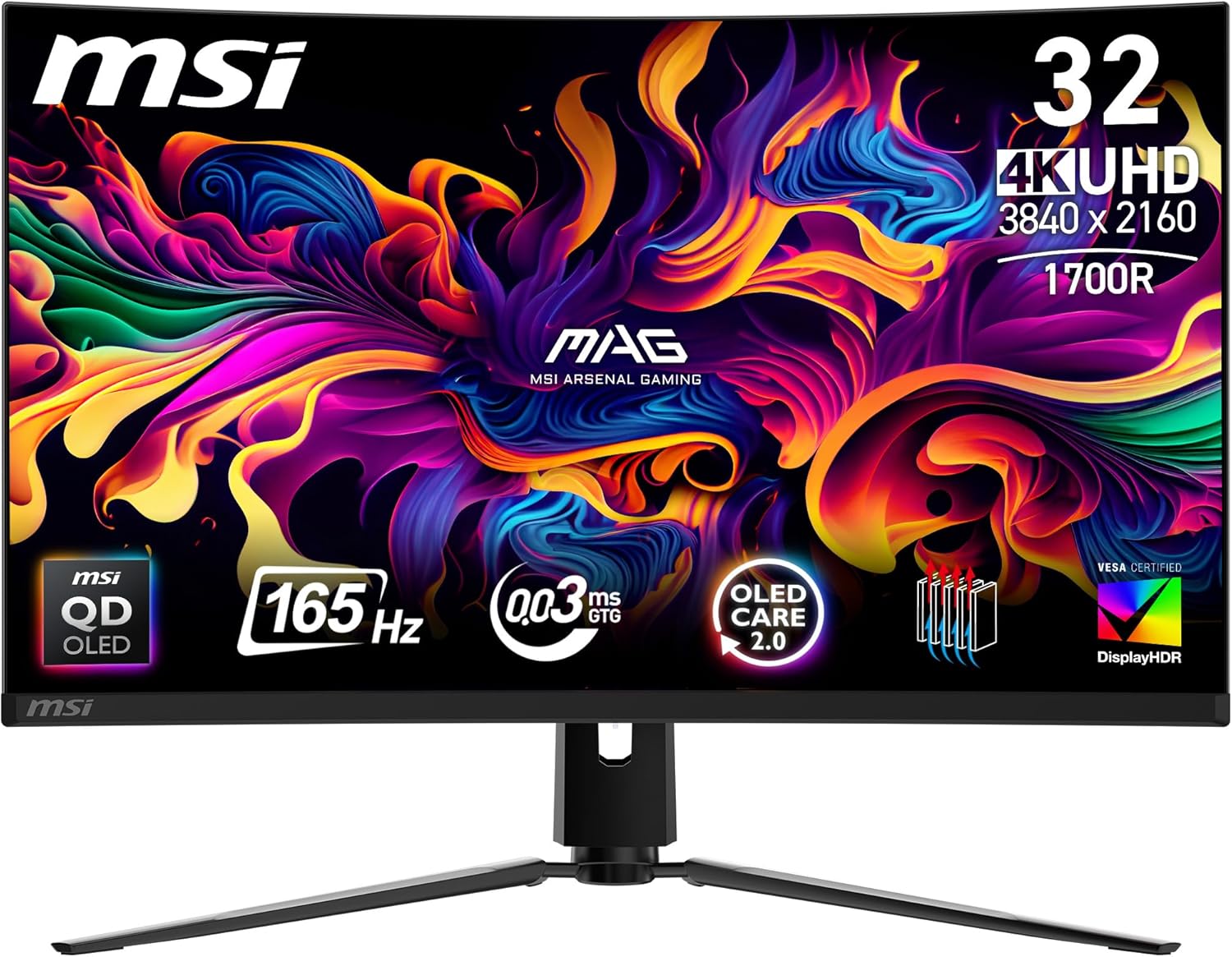 صفحه‌نمایش گیمینگ MSI MAG 321CUPDE QD-OLED، خمیده، UHD، 32 اینچ، 1700R، 3840 x 2160 کوانتوم دات OLED، 165 هرتز/0.03 میلی‌ثانیه، 99% DCI-P3، DoubleE≤2، مشکی 1700R، DisplayHDR0True. 2.1، USB