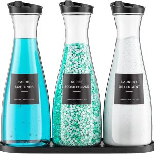 ظرف پخش کننده مواد شوینده لباسشویی Galasily 3 Pack با سینی، 54OZ مخزن صابون لباسشویی مایع با 12 برچسب، سازماندهی اتاق لباسشویی مشکی برای پودر و نرم کننده پارچه