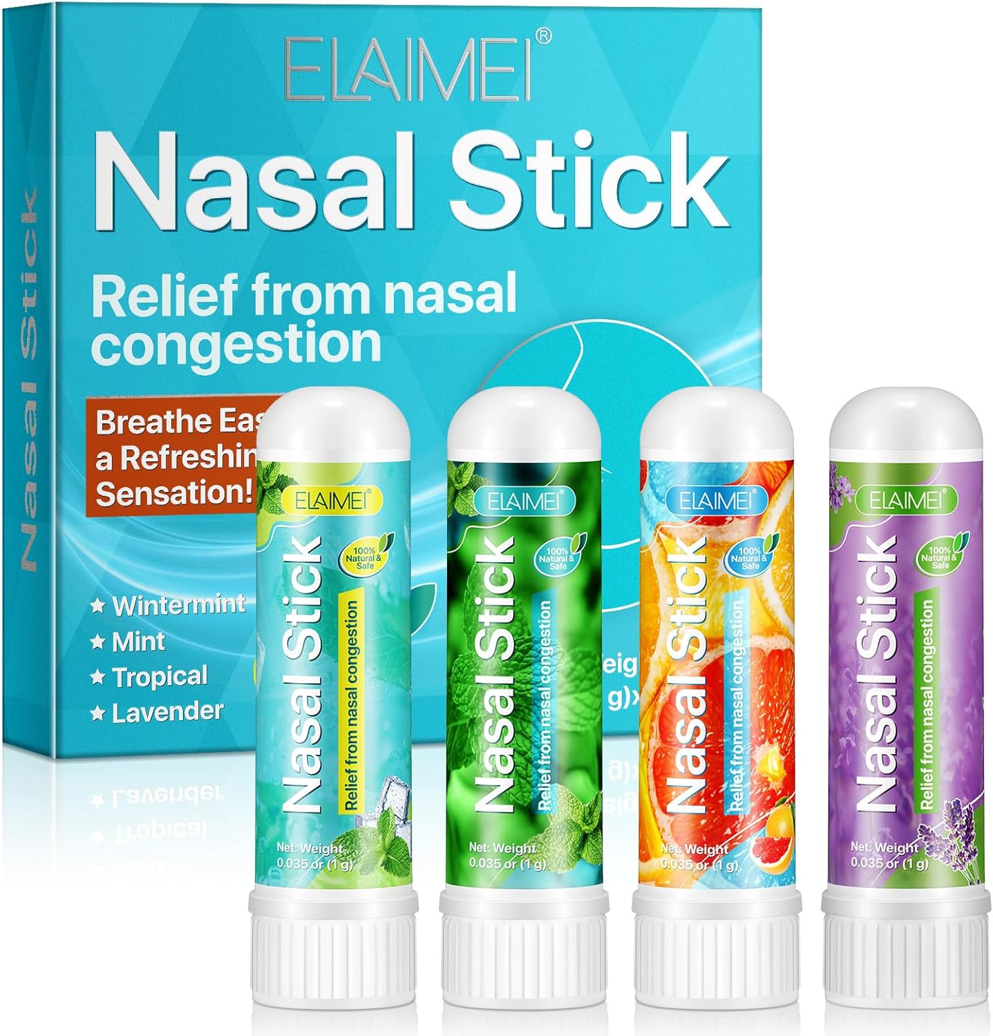 استیک استنشاقی، 4 رایحه استنشاق بینی نعناع فلفلی تسکین دهنده منتول برای آلرژی، تقویت خلق و خو، تنفس شفاف، شاداب کننده خنک، تمرکز را افزایش می دهد، اسانس طبیعی + اسطوخودوس گرمسیری نعناع زمستانه